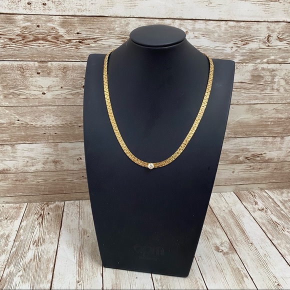 Vintage Gold-tone Flat Chain w/ CZ Clear Stone Center Necklace - Picture 9 of 15